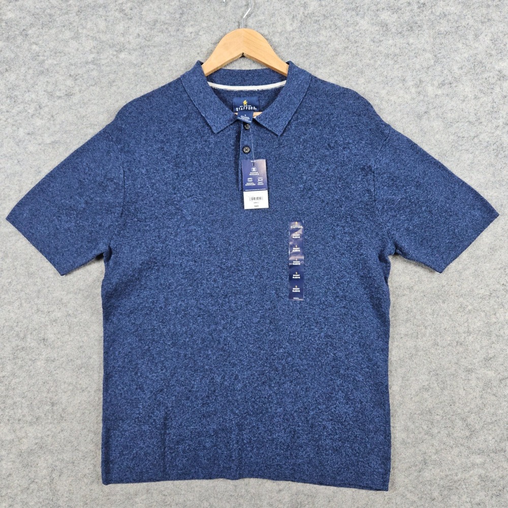 NEW Stafford Men's Navy Heather Textured Blue Polo Shirt Linen/Cotton Size S NWT